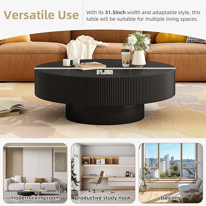 31.5" Round Coffee Table Modern Wooden Coffee Tables for Living Room Black Circle Drum Coffee Table with Sturdy Pedesta Circular Fluted Center Table for Apartment Living Room