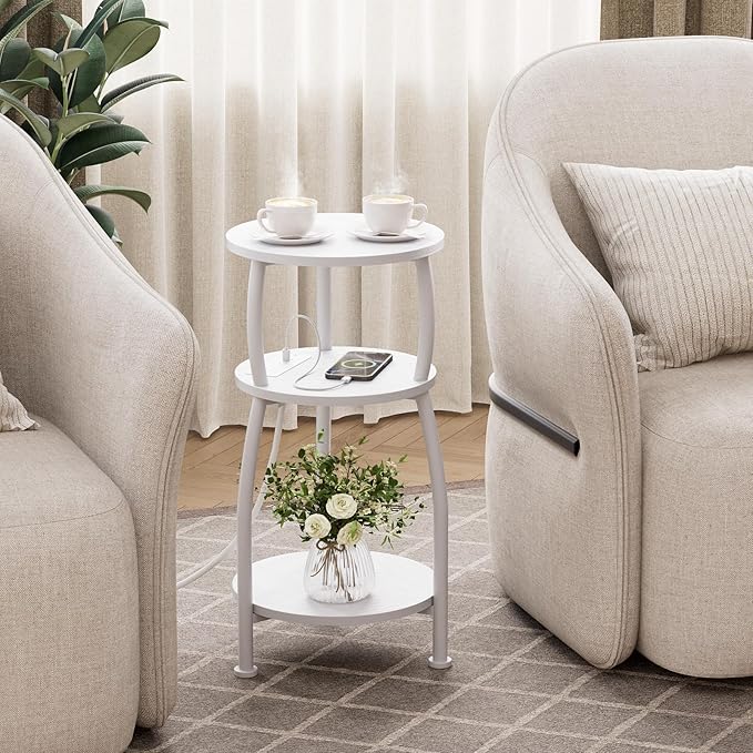 Round Side Table with Power Outlet & USB Ports, 3-Tier End Table with Storage Shelf, Modern Rustic Nightstand, Small Spaces Accent Table for Living Room Bedroom, Easy Assembly, White