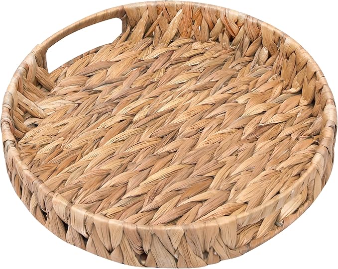 Round Serving Tray Hand-Woven Wicker Basket 11.8x1.9in Water Hyacinth Baskets with Handles,Coffee Table Tray for Fruit,Arts,Crafts