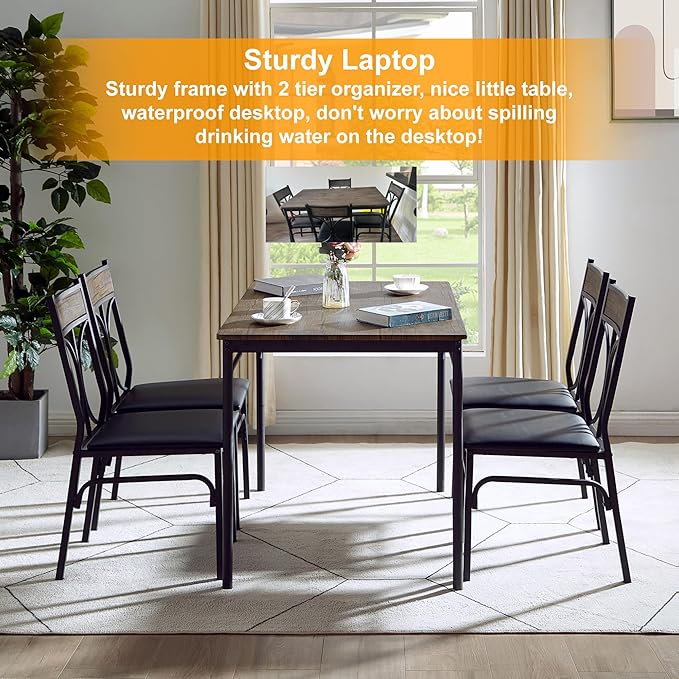 VECELO 5-Piece Dining Table Set for Home Kitchen Small Space Breakfast Nook, 4 Faux Leather Metal Frame Chairs,Rustic Brown,Set for 4