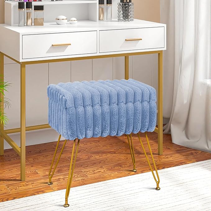 Faux Fur Vanity Stool Chair with Storage Ottoman, Vanity Chair for Makeup Room, Vanity Stools for Bedroom, Footrest with Metal Legs and as a Coffee Table, Blue