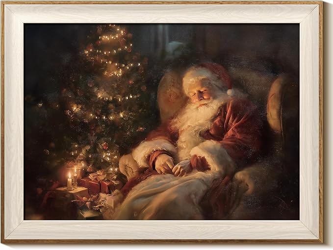 InSimSea Christmas Decor Framed Wall Art, Santa Claus by the fireplace Canvas Painting, Vintage Rustic Home Decor, Unique Christmas Gifts For Table Wall Farmhouse Mantel Home Office 12L x 16W