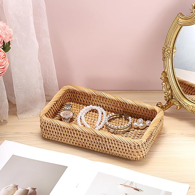 BTSKY Small Remote Basket for Coffee Table Entryway Living Room Rattan Serving Tray 10.1x6.1 inches Handwoven Wicker Baskets Decorative Tray for Remote Control Trinkets Rings Cosmetics Crackers Candy