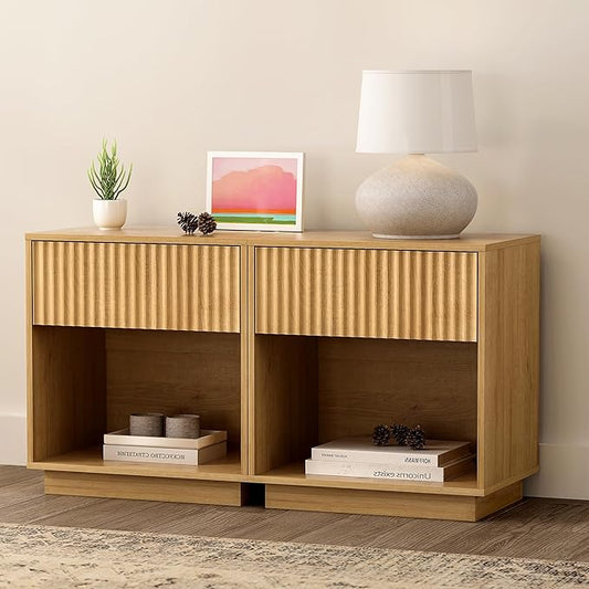 Fluted End Table with Drawer Set of 2, Modern Wooden Nightstand Bed Side Table with Storage Shelf Bedside Night Stand for Bedroom Living Room Sofa, Natural Oak