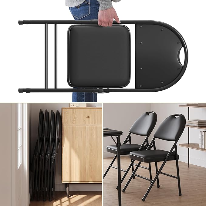 IDEALHOUSE 4 Pack Folding Chairs with PU Leather Padded Cushion, 350lbs Capacity, Lightweight Ergonomic Design, Metal Frame, Indoor Outdoor Portable Stackable Seats for Home Office Party Events，Black