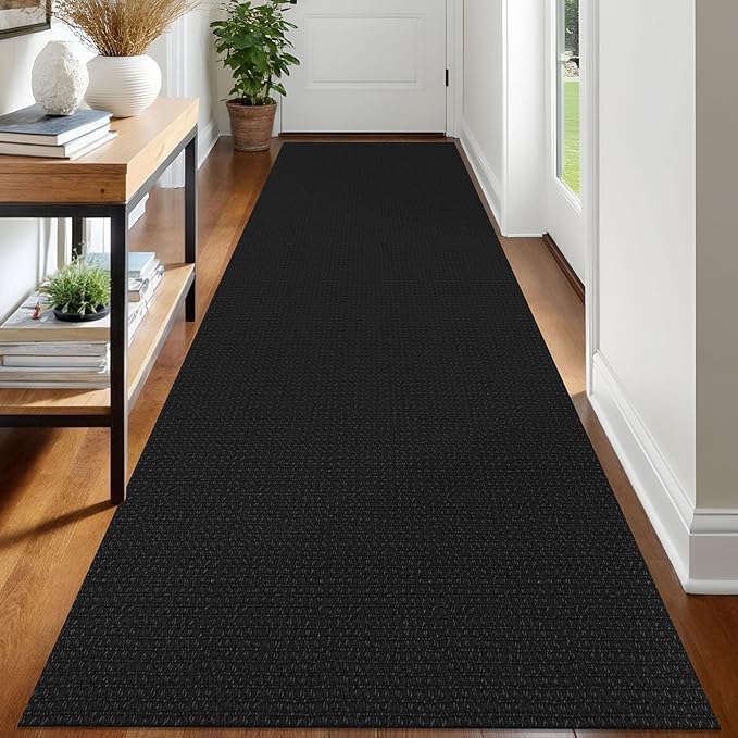 IOHOUZE Washable Runner Rug 3x12 Non Slip Rubber Backed Extra Long Hallway Runner Entryway Runner Indoor, Kitchen Rugs Woven Cotton Floor Carpet for Hall Entrance Stair, Black/Grey