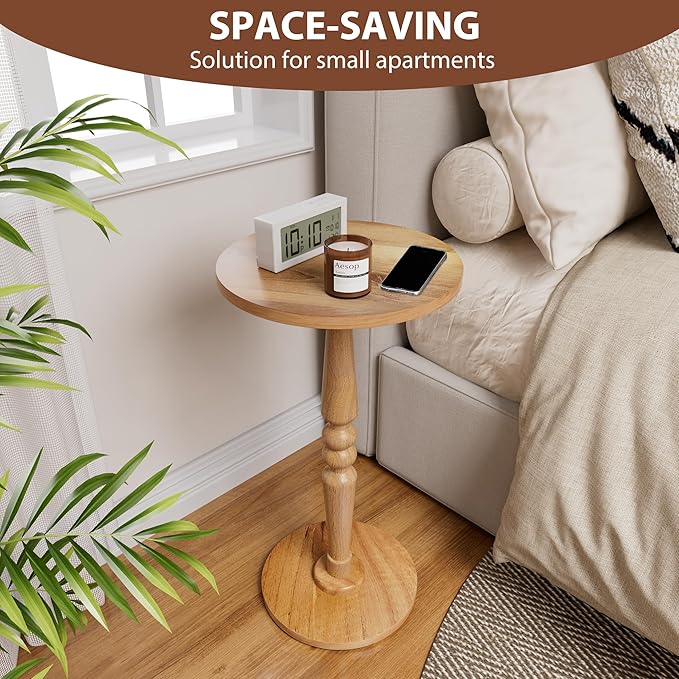 Round Side Table for Livingroom, Bedroom - Small Modern Accent End Table with Solid Wood Top and Pedestal Leg - Compact Drink Table for Corners, Small Spaces, and Office