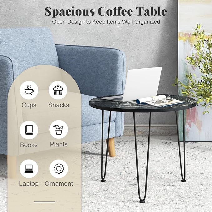 Giantex Round Coffee Table, Faux Marble Center Table with Metal Legs, Sofa Accent Side Table, Modren Coffee Tables for Living Room, Bedroom, Balcony, Small Space (Black)