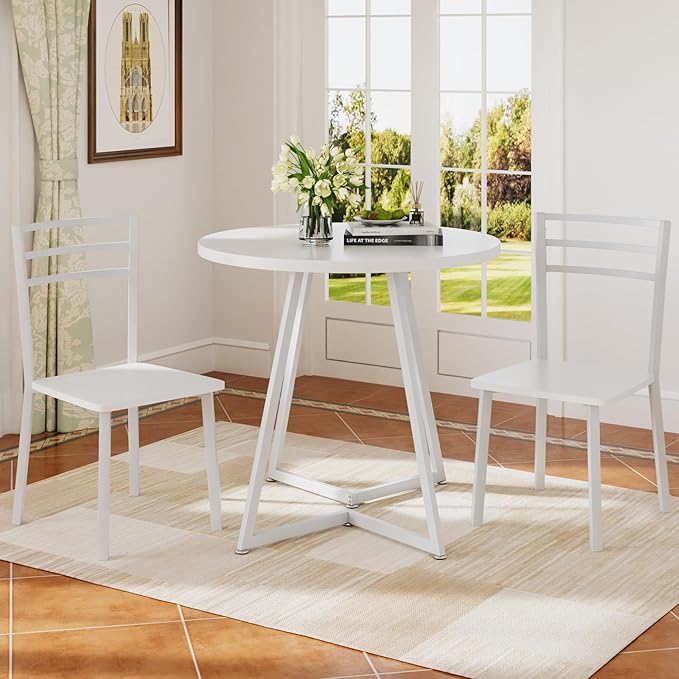 VECELO Small Round Dining Table Set for 2, Wood Tabletop with Strong Metal Frame, Modern Dinette with Chairs for Kitchen, Breakfast Nook Living Room, Pure White