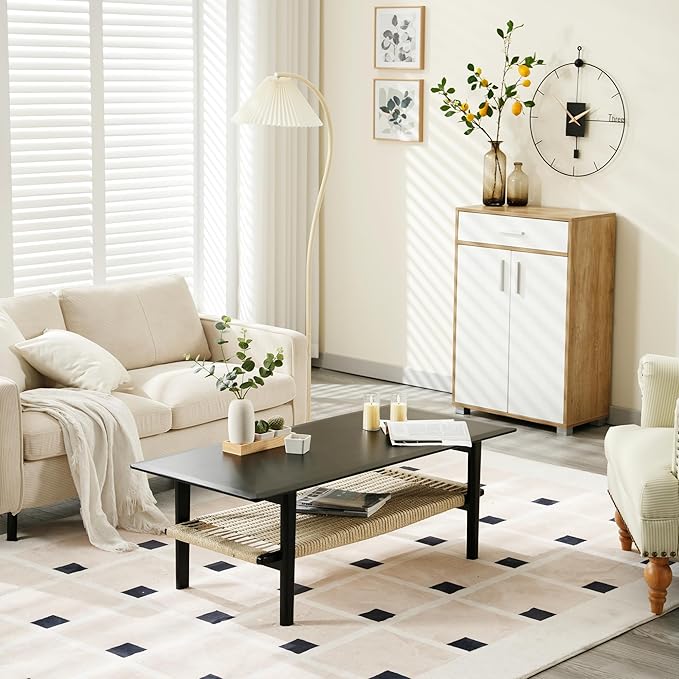 Farmhouse Coffee Table with Rattan Storage Boho Mid Centry Modern Center Table with Under Shelf Wood Living Room Table with Woven Shelf Underneath for Living Room Lounge, Black