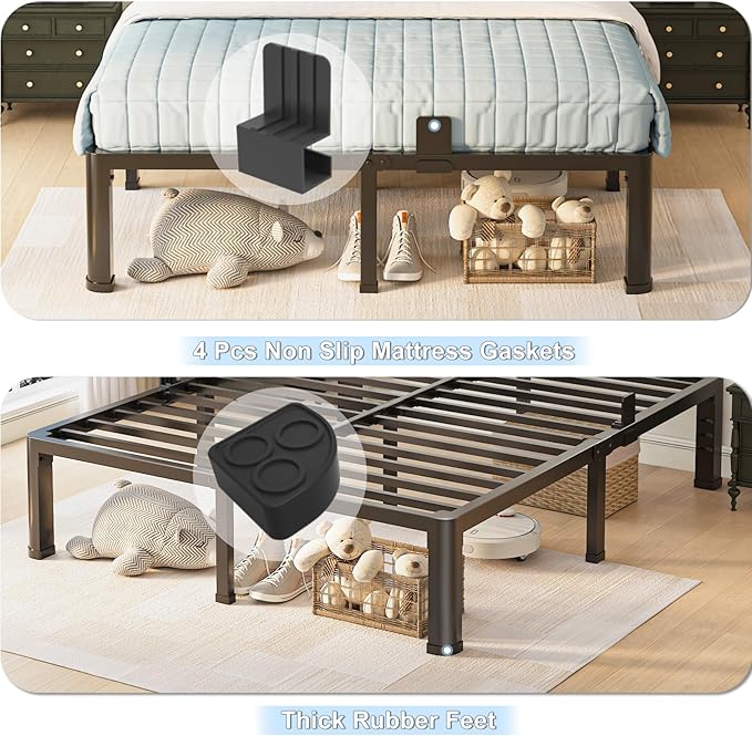 10 inch Queen Bed Frame with Round Corner Legs and Headboard Hole Mattress Slide Stopper Low Profile Heavy Duty Metal Platform,Steel Slats Support,No Box Spring Needed,Easy Assembly,Noise Free