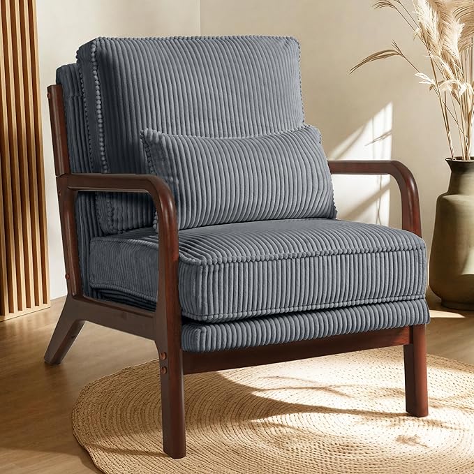 FLEXISPOT AC1 Mid Century Modern Accent Chair with Wood Frame, Corduroy Upholstered Armchair with Thickened Backrest & Lumbar Pillow, Comfy Reading Chair for Living Room, Bedroom, Balcony (Grey)