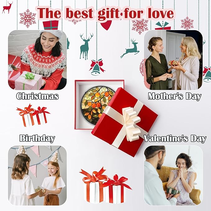 Stained Glass Suncatcher, Orange Green Fruit Tree Sun Catcher Landscape Stain Glass Window Hanging Decoration Mother's Day Birthday Gifts for Women Men Mom Nana 7.8 in