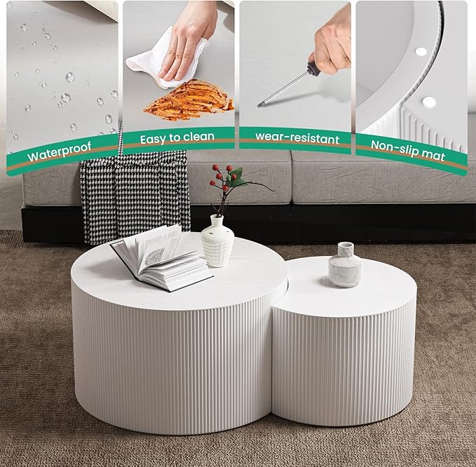 Round Nesting Coffee Table Set of 2 Handcraft Circle Fluted Nesting Coffee Tables Circular Side Table Drum Accent End Tables for Living Room Bedroom (White B Large)