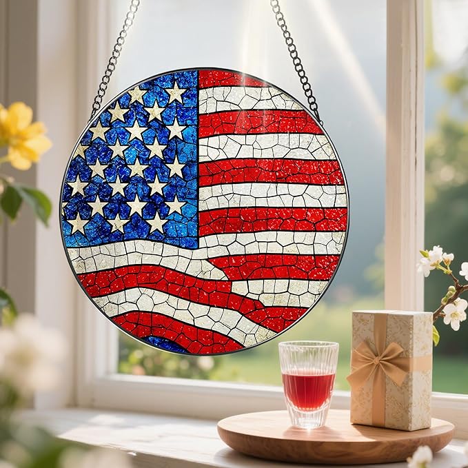 Stained Glass Window Hanging, Pauyadu 8 Inch American Flag Stained Glass Suncatcher, Patriotic Home Decor, Window Decor, USA Flag Gift Ideas, Patriotic Themed Gifts, Gifts for Women and Men