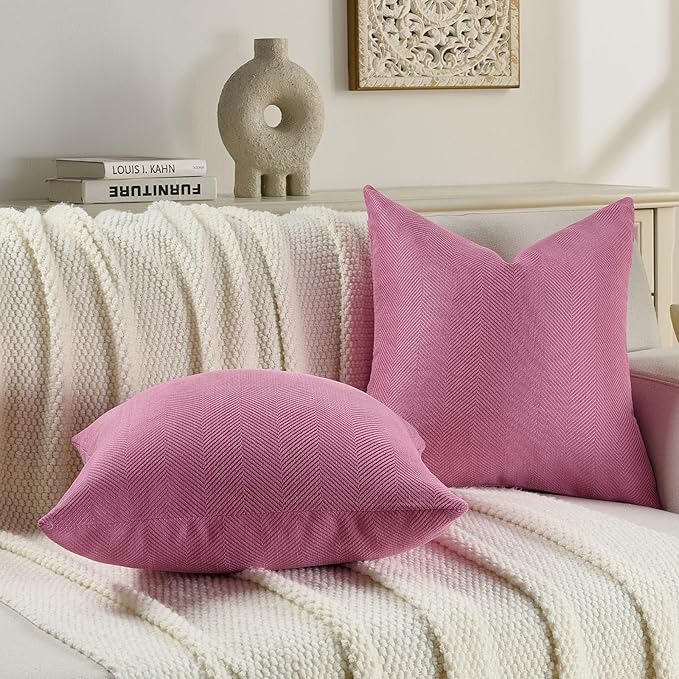 FUTEI Hot Pink Chenille Throw Pillow Covers 12x20 Inch Set of 2,Soft Wide Chevron Textured Lumbar Pillow Cases,Farmhouse Home Decor for Couch Living Room