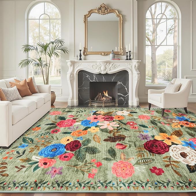 Area Rugs 9x12 Living Room Green, Washable Rug Non Slip Floral Low Pile Large Rug for Living Room, Bedroom, Farmhouse, Dining Room, Kids Playroom(9 x 12, Green Lawn)
