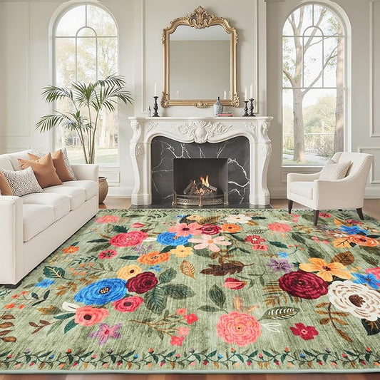 Area Rugs 9x12 Living Room Green, Washable Rug Non Slip Floral Low Pile Large Rug for Living Room, Bedroom, Farmhouse, Dining Room, Kids Playroom(9 x 12, Green Lawn)