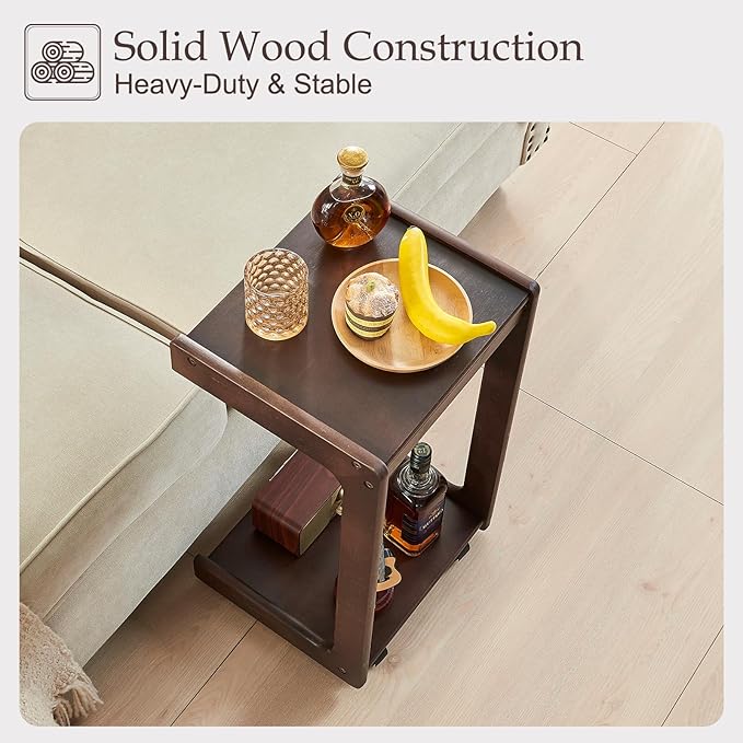 Wood Side Table for Couch - C Shaped Rolling End Table with Wheels, Wooden Modern Small Tv Tray Bedside Tables with Drawer for Sofa Armchair Living Room Bedroom, Walnut, 13 in x 14.4 in x 26 in