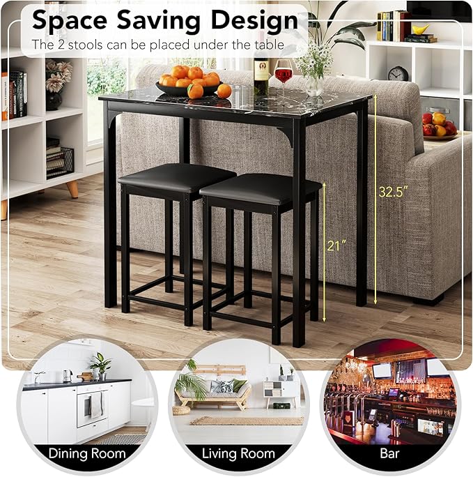 Giantex Dining Table Set for 2, Counter Height Bar Table with Faux Marble Pattern Tabletop, 2 Padded Bar Stools, Footrests, Metal Frame, Dinette Set for Kitchen Small Space Breakfast Nook Pub, Black