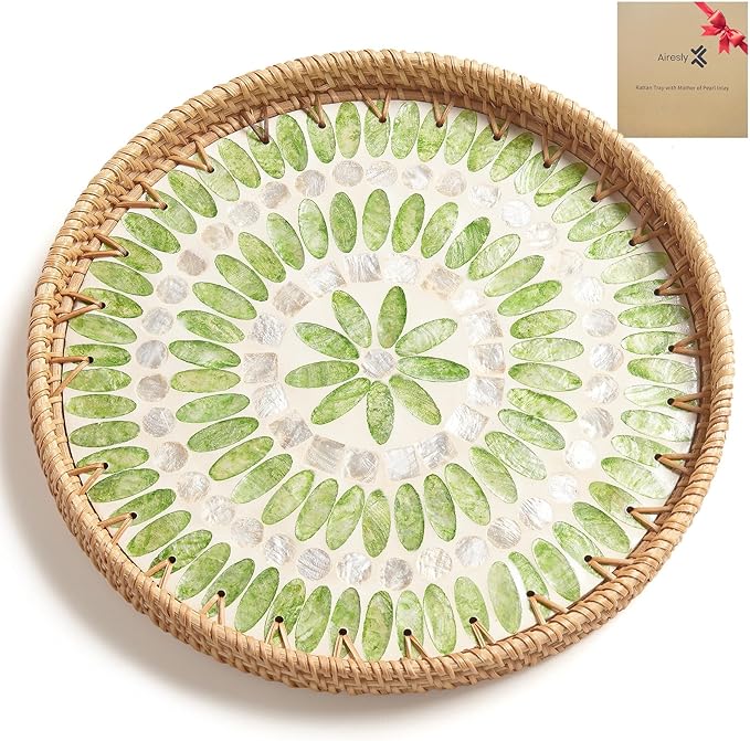 Rattan Tray with Mother of Pearl Inlay, Round Rattan Serving Tray with Wooden Base, Decorative Wicker Basket for Table Decor, Mosaic Tray for Storage and Display of Jewelry Coffee Food (Emerald green)