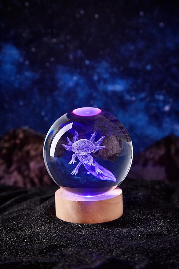 Axolotl Crystal Ball Lamp with LED Wooden Base, 16 Colors Change & Remote Control Crystal Ball Night Light, Upgraded 3.15 Inch Glass Light, Gift for Kids Wife Girlfriend (Axolotl)