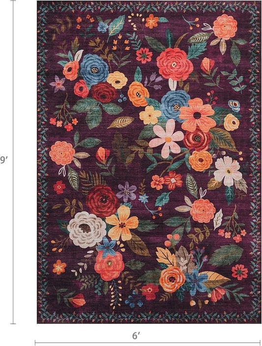 Floral Washable 6x9 Area Rugs, Soft Bedroom Rug for Living Room Ultra-Thin Non Slip Dining Room Rug, Stain Resistant Rugs Easy Clean Throw Carpet for Office(6 x 9, Purple Lawn)