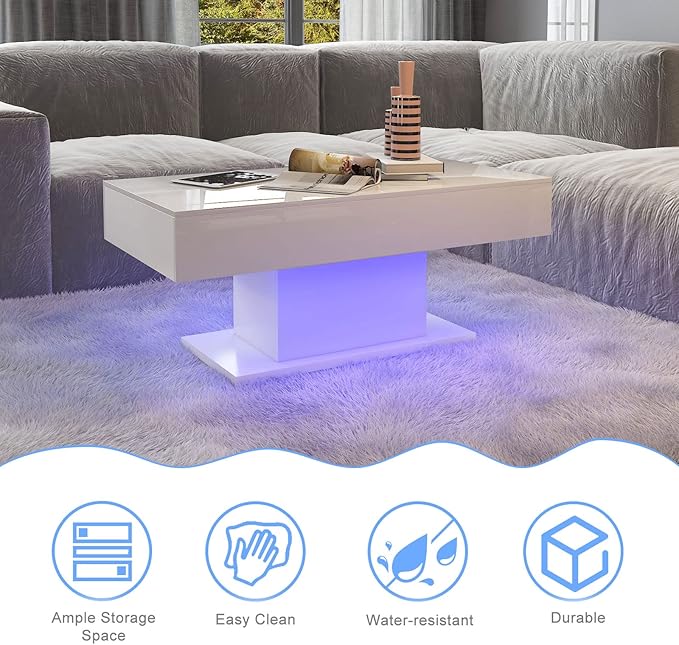Led Coffee Table for Living Room, Living Room Table Rectangular Center Table, Modern High Glossy Wooden Coffee Tables with 16 Colors LED Lights for Dining Reception Room, White
