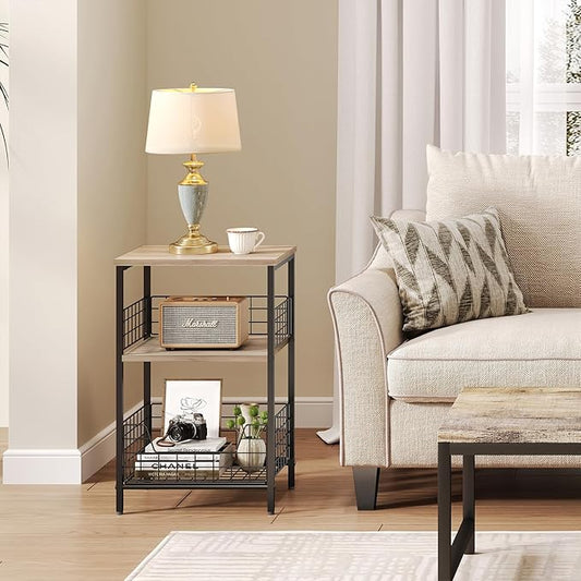 X-cosrack Side Table, Small End Table Record Player Stand with Storage, Vinyl Record Storage Night Stand for Living Room, Bedroom,Office(Patent Pending)(Greige & Black)