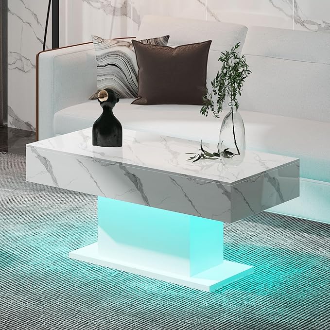 Led Coffee Table for Living Room, Living Room Table Rectangular Center Table, Modern High Glossy Wooden Coffee Tables with 16 Colors LED Lights for Dining Reception Room, White Marble