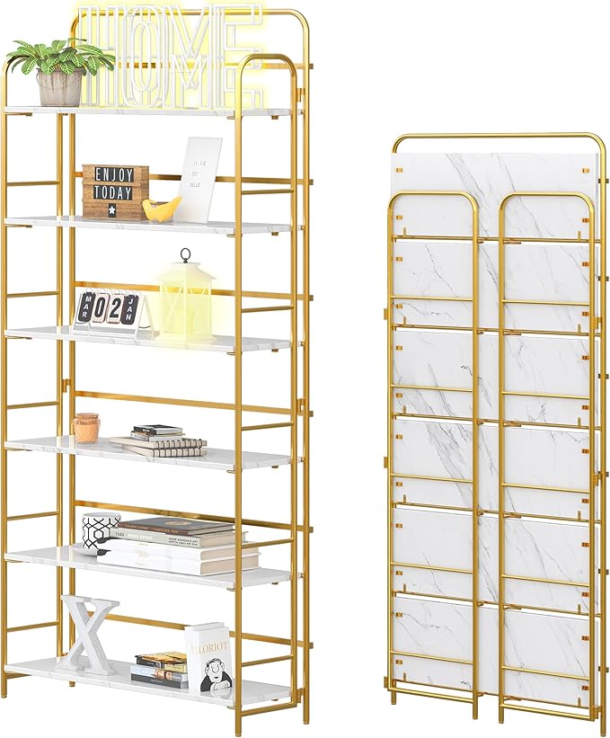 4NM No Assembly Folding Bookshelf, 6 Tiers Collapsible Book Shelves Open Industrial Foldable Storage Bookcase Shelf for Bedroom, Living Room, Home Office - White and Gold