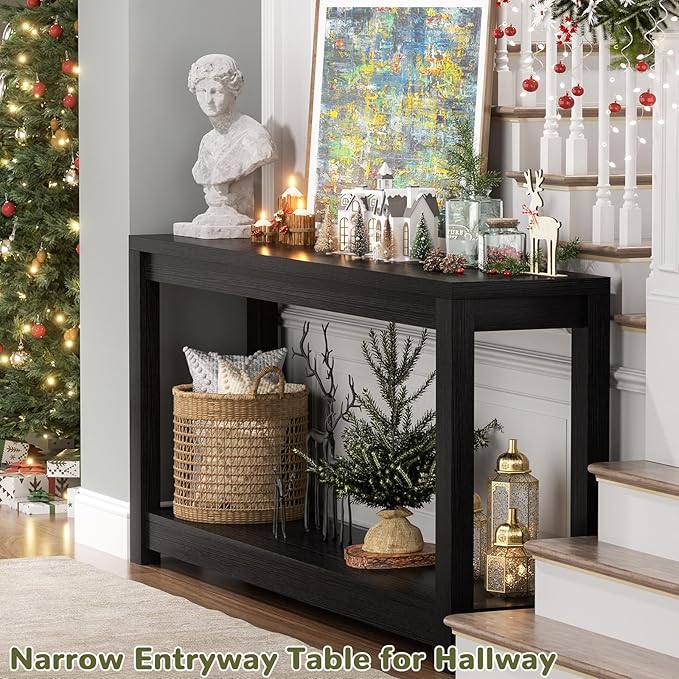 47" Farmhouse Wood Entryway Table Narrow Console Table with Storage Behind Couch Sofa Table with Shelves for Entry Way with Open Storage, Easy Assembly, Embossed Wood Grain Black