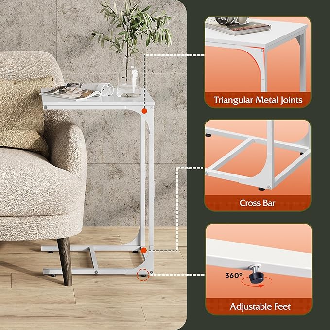 WLIVE C Shaped End Table, Small Couch Side Tables with Metal Frame, Sofa Table TV Tray for Living Room, Bedroom, White