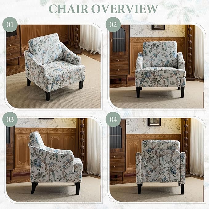 Bezseller Floral Accent Chair, Upholstered Reading Armchair with Wood Legs, Mid-Century Leisure Comfy Single Sofa Chair for Living Room, Bedroom, Home, Office, White Floral
