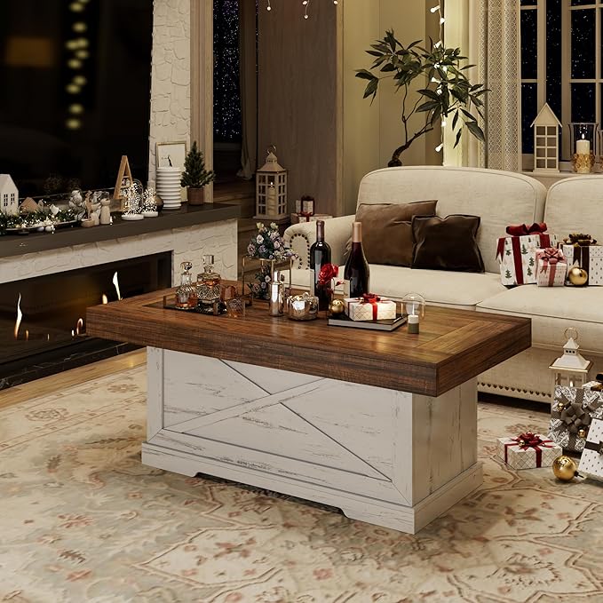 Coffee Table 39 in Farmhouse Center Table with X-Design Wooden Pedestal for Living Room, Space Saving, Rectangle Home Office Tea Accent Table for Apartment, Antique White Walnut