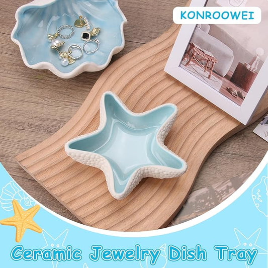 Jewelry Dish Tray For Coastal Beach Room Decor,Cute Ceramic Ring Holder Gift For Women Sister Mom Friend ,Decorative Trinket Jewelry Organizer Tray For Rings Earrings Necklaces ets (Blue starfish)