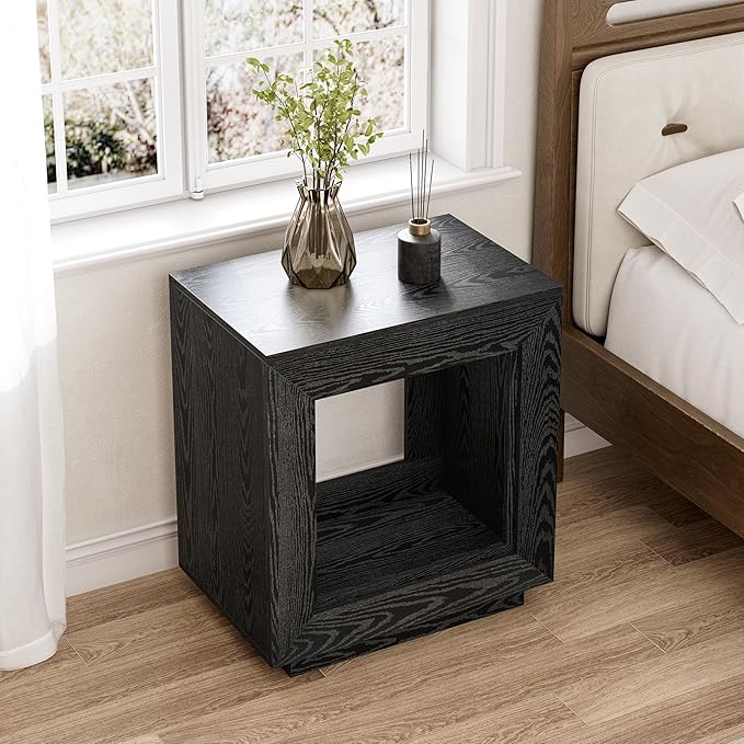 LITTLE TREE End Table with Storage, Set of 2 Wooden Square Side Table, Industrial Sofa Side Tables for Living Room, 2-Tier Bedside Table Nightstand Chair Side Table for Bedroom, Small Spaces, Black