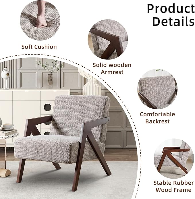 INZOY Mid Century Modern Accent Chair with Wood Frame, Upholstered Reading Armchair with Soft Linen Fabric, Accent Chair for Living Room Bedroom Apartment, Easy Assembly, Grey