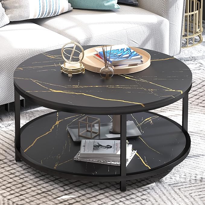 WiberWi Round Coffee Table Black Coffee Tables for Living Room 35.8" Faux Marble Top Circle Table Furniture Sturdy Metal Frame Legs Cocktail Table with Storage Open Shelf