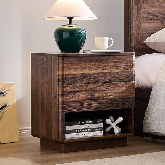 ACCOHOHO Nightstand with Charging Station, 22" Push-to-Open Bedside Table with 2 Storage Drawers, Large Modern End Table for Bedroom,Living Room,Brown