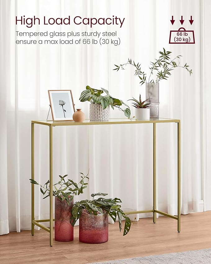 VASAGLE Entryway Table, Console Table, Tempered Glass Tabletop, Modern Sofa Table, Easy Assembly, with Adjustable Feet, for Living Room, Entryway, Pale Gold and Transparent ULGT132A01