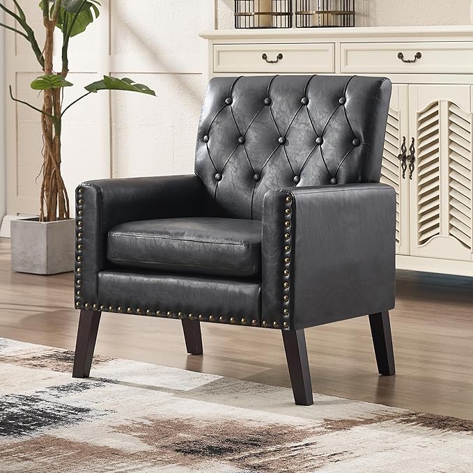 Mid Century Modern Accent Chair, Black Faux Leather Office Chair for Reception - Brown Leather Club Chair for Living Room, Bedroom, or Waiting Room