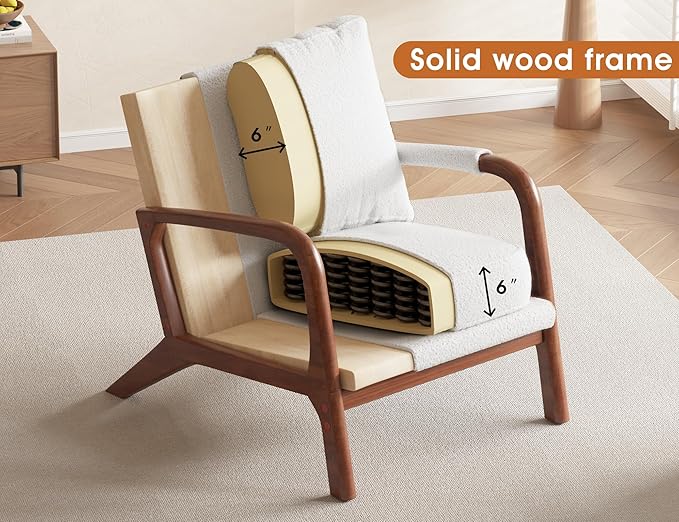 Mid Century Modern Chair Set of 2, Upholstered Lounge Arm Chair with Solid Wood Frame, Comfy Accent Chair for Living Room, Bedroom, Reading, Reception, Sherpa Fleece, White