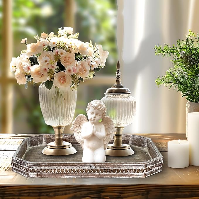 Wooden Decorative Tray, Rustic Serving Tray with Wood Bead, Farmhouse Big Tray for Ottoman, Countertop, Coffee Tabl, 16.5" x 13"x 1.6" (Retro Brown)