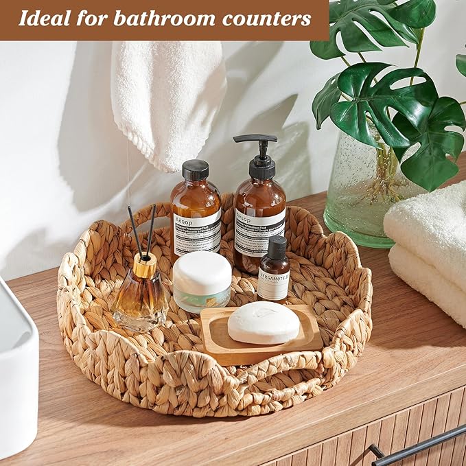 Scalloped Tray Set of 2, 11.8" and 13.8" Large Round Basket Tray Wicker Rattan Serving Tray2 with Handles, Scallop Basket Table Décor Trays, Water Hyacinth Round Rattan Tray1 for Ottoman Decorative