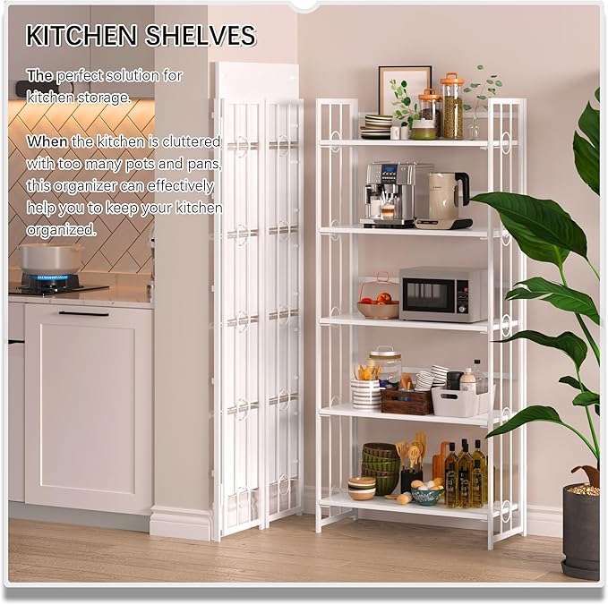 4NM No Assembly 5 Tiers Folding Bookshelf, 59.4" H Foldable Storage Shelves Vintage Bookcase Standing Racks Study Organizer Home Office - All White