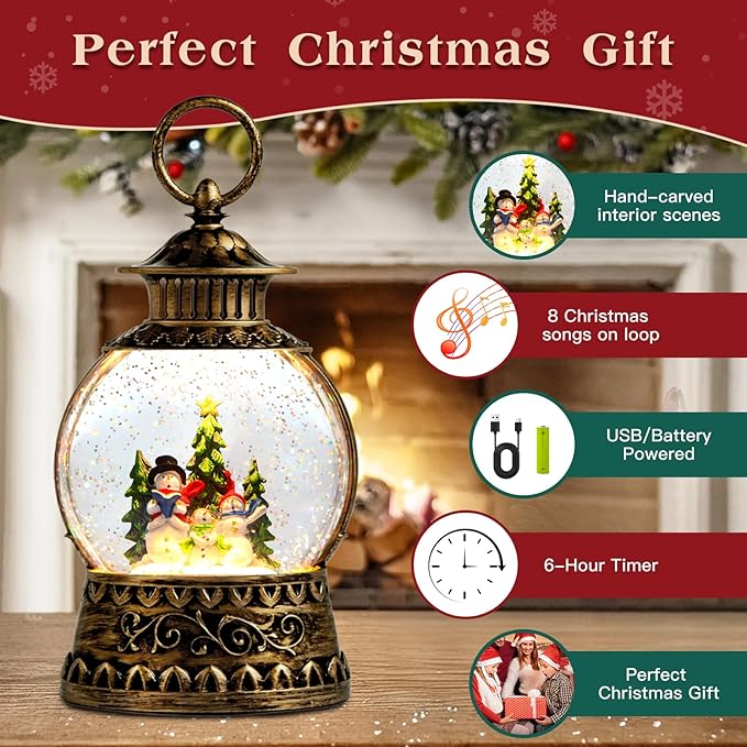 Christmas Snowman Snow Globe, Snowman Musical Snow Globe Lantern Lights with 6H Timer Battery & USB Powered, Retro Style Holiday Glitter Globe for Xmas Home Decoration Holiday Party Gifts