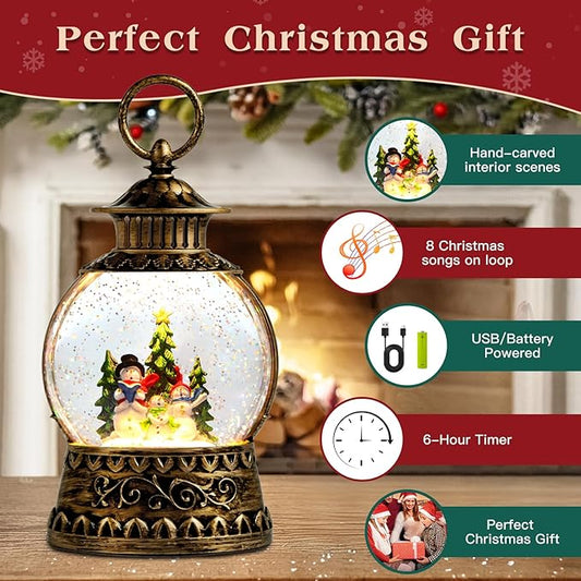 Christmas Snowman Snow Globe, Snowman Musical Snow Globe Lantern Lights with 6H Timer Battery & USB Powered, Retro Style Holiday Glitter Globe for Xmas Home Decoration Holiday Party Gifts