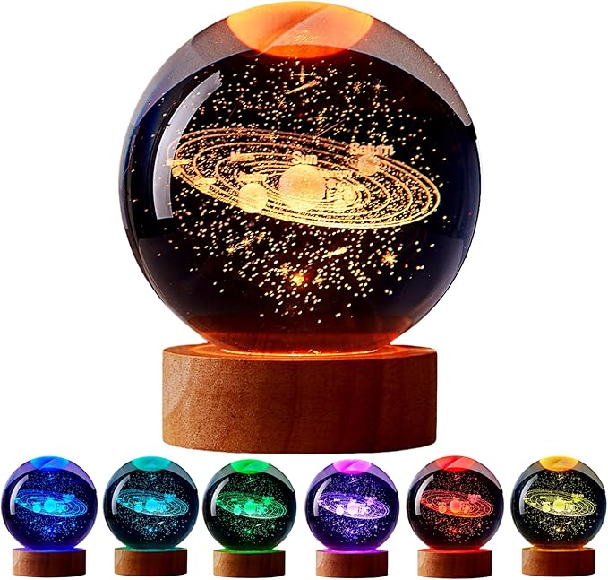 Solar System Crystal Ball Lamp with LED Wooden Base, 16 Colors Change & Remote Control Galaxy Crystal Ball Night Light, Upgraded 3.15 Inch Glass Light, Planet Gift for Kids Wife (Solar System)