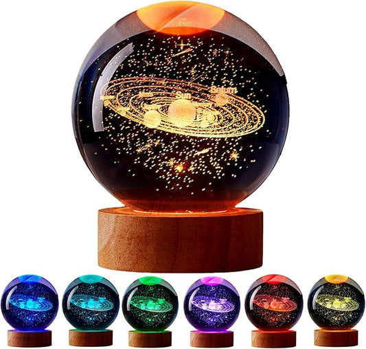 Solar System Crystal Ball Lamp with LED Wooden Base, 16 Colors Change & Remote Control Galaxy Crystal Ball Night Light, Upgraded 3.15 Inch Glass Light, Planet Gift for Kids Wife (Solar System)